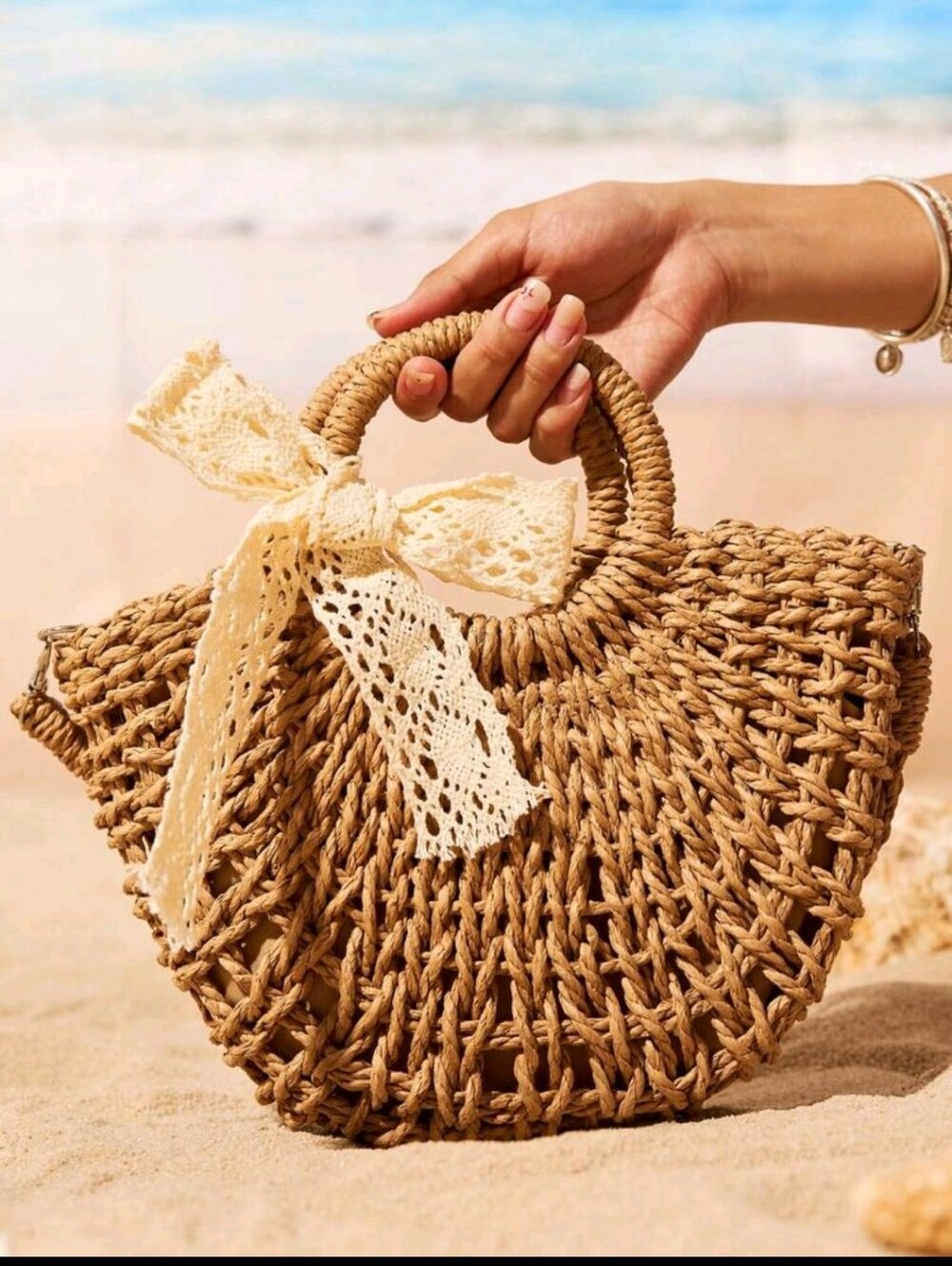 Natural Straw Handled Crossbody with Lace Bow - Picture 4 of 4